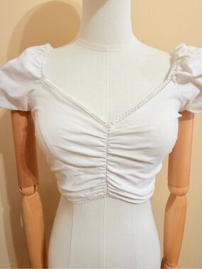 Blue Blush White Puff Sleeve Ruched Milkmaid Crop Top - Small